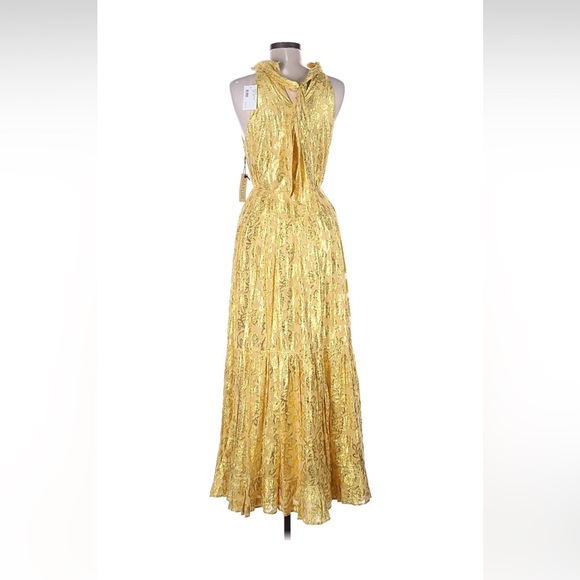 NWT Saylor Alexi Halter tie neck Gold Shiny Gown dress Medium - Picture 5 of 16